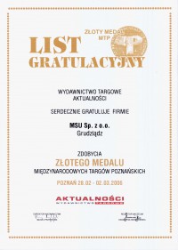 List Gratulacyjny Złoty Medal MTP 2006